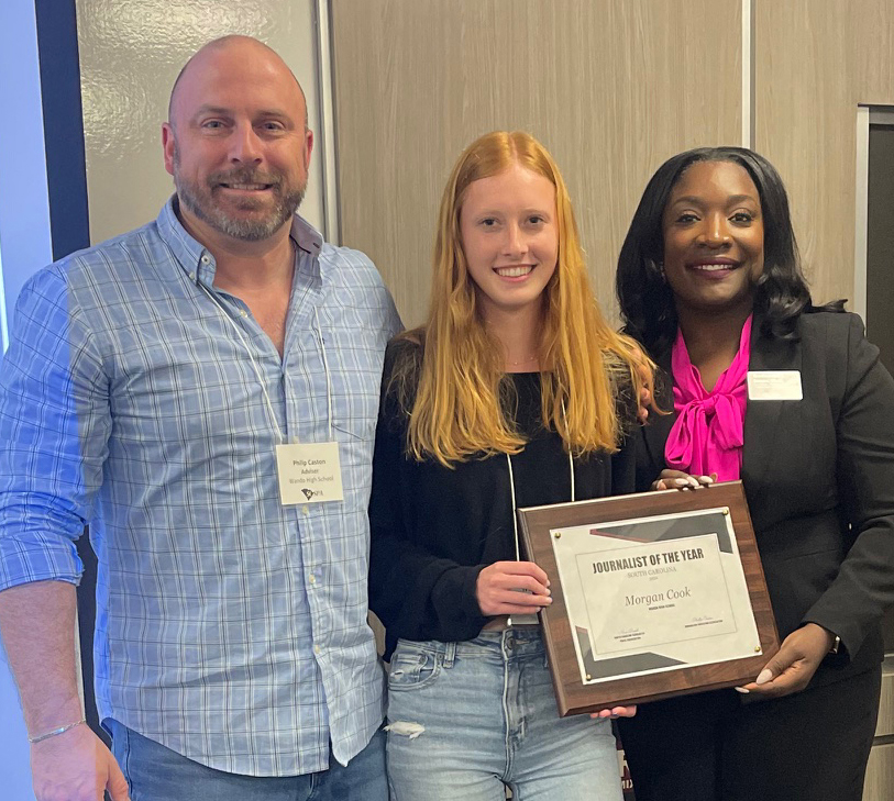 South Carolina JEA Director Phillip Caston, South Carolina 2024 Scholastic Journalist of the Year Morgan Cook, University of South Carolina College of Information and Communications Assistant Dean for Student Success Rushondra James